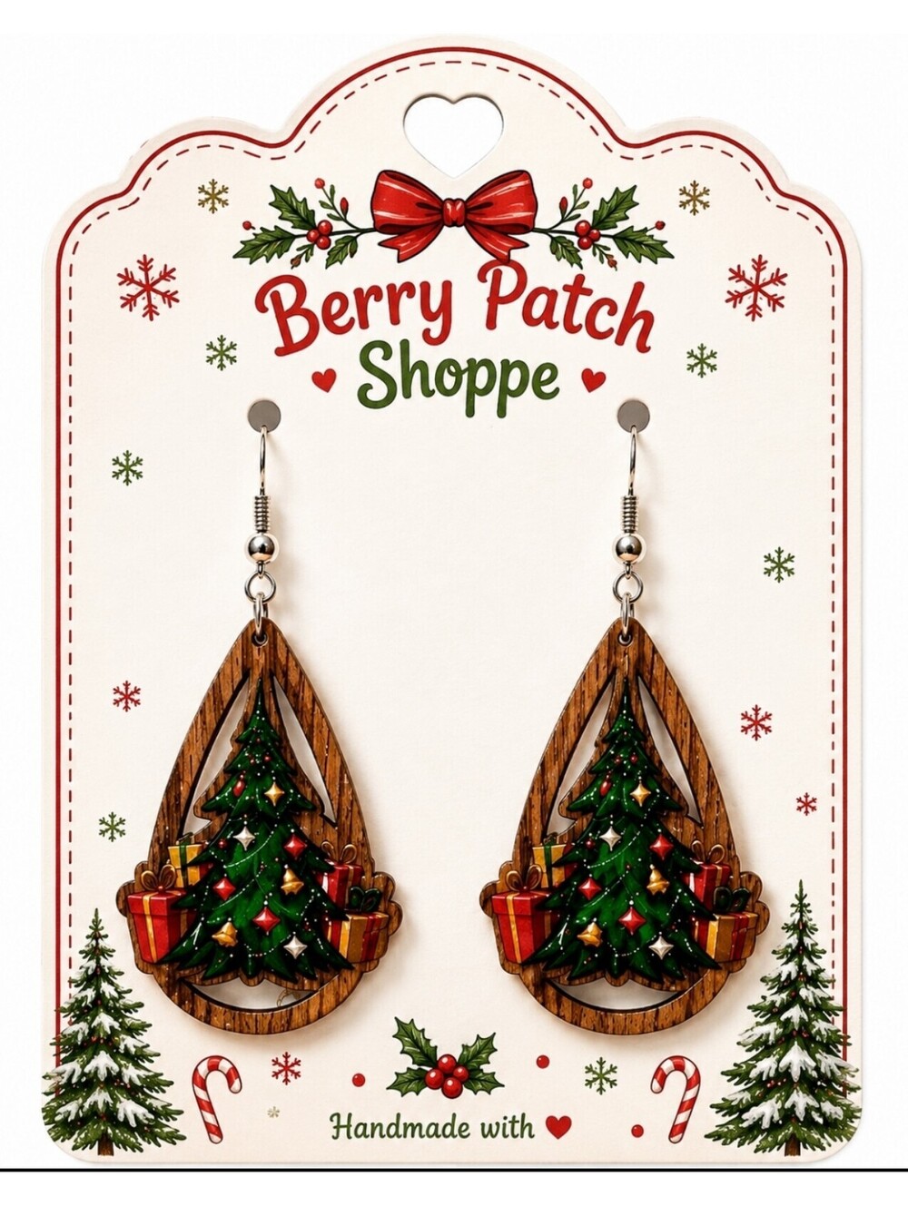 Wooden Winter Christmas Tree Tear Drop Hypoallergenic Dangle Earrings